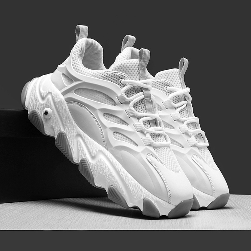 Muške tenisice s debelim potplatom, gornji dio od prave kože, mrežasta unutrašnjost, PU đon, tekstilna uložak – prozračne sportske tenisice (visina peta 3–5 cm)