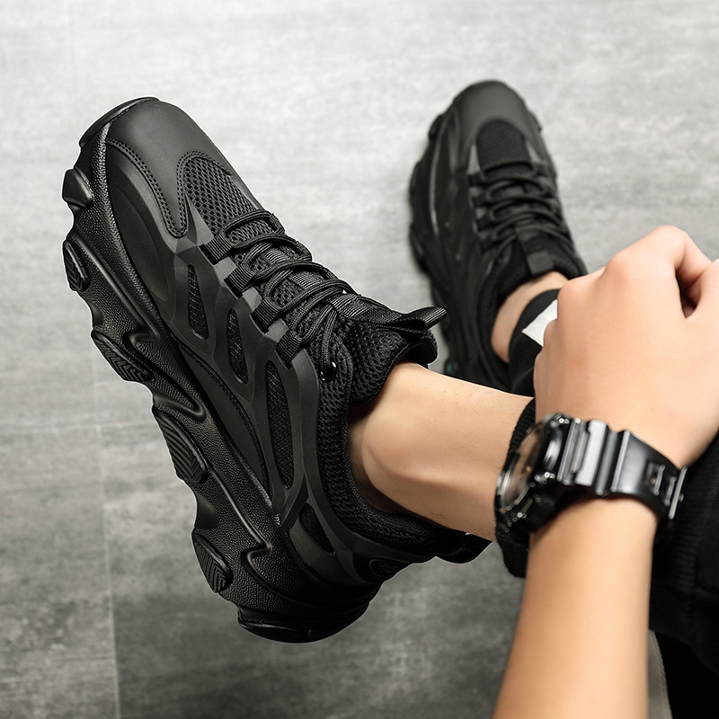 Muške tenisice s debelim potplatom, gornji dio od prave kože, mrežasta unutrašnjost, PU đon, tekstilna uložak – prozračne sportske tenisice (visina peta 3–5 cm)