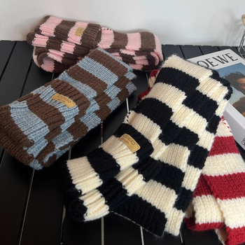 Ženski zimski pleteni šal s džepovima, retro pruge, topao, warp-knit