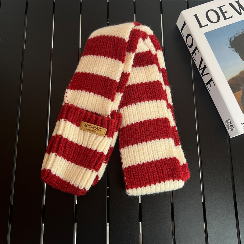 Ženski zimski pleteni šal s džepovima, retro pruge, topao, warp-knit