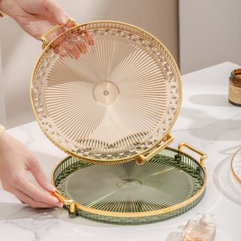 Кръгла пластмасова чиния за плодове с ивици, електроплакирана повърхност, модерен минималистичен стил