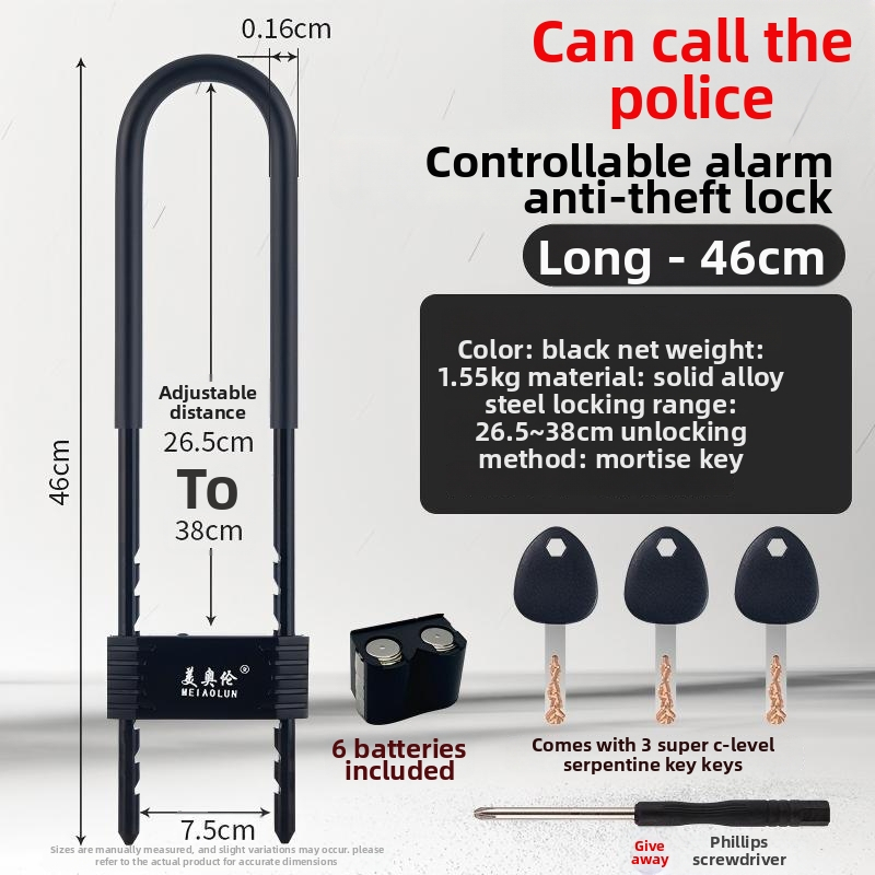 Mechanický zámok U-tvar pre obchodné dvere so sirénou, model Bj08, hrúbka 13 mm, vzdialenosť 90 mm, materiál: zliatina zinku a liata oceľ.
