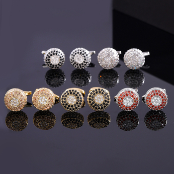 Férfi mandzsettagombok - kör alakú geometriai forma, fehér kristályokkal, réz test, elektroplattált felület, koreai stílus, uniszex