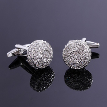 Férfi mandzsettagombok - kör alakú geometriai forma, fehér kristályokkal, réz test, elektroplattált felület, koreai stílus, uniszex