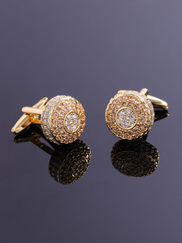 Férfi mandzsettagombok - kör alakú geometriai forma, fehér kristályokkal, réz test, elektroplattált felület, koreai stílus, uniszex