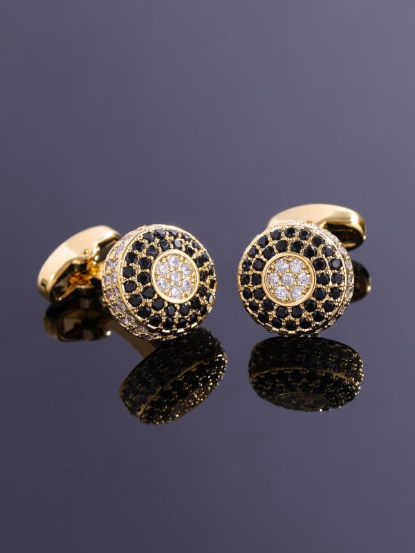 Férfi mandzsettagombok - kör alakú geometriai forma, fehér kristályokkal, réz test, elektroplattált felület, koreai stílus, uniszex