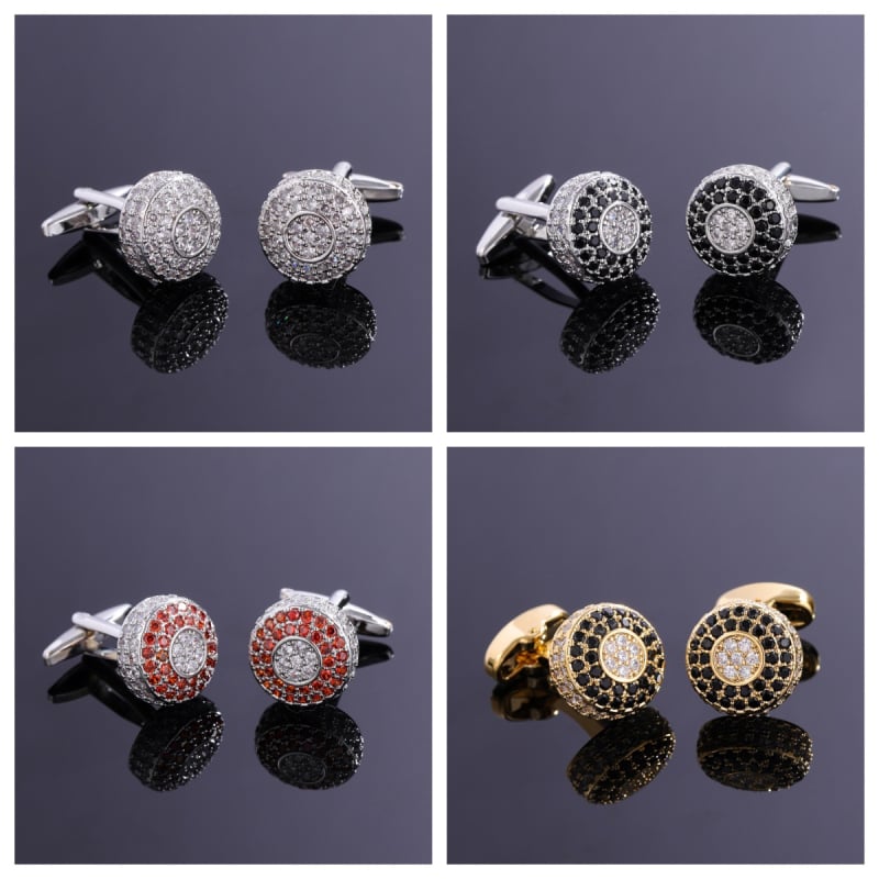 Férfi mandzsettagombok - kör alakú geometriai forma, fehér kristályokkal, réz test, elektroplattált felület, koreai stílus, uniszex