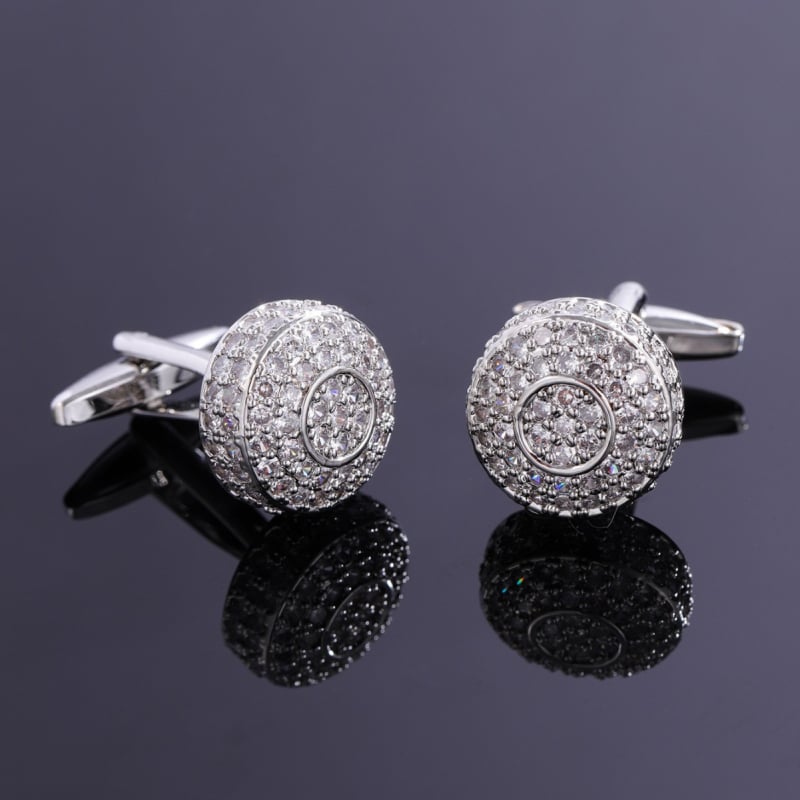 Férfi mandzsettagombok - kör alakú geometriai forma, fehér kristályokkal, réz test, elektroplattált felület, koreai stílus, uniszex