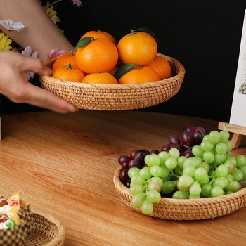 Zhenghong Modell 3 Retro Kézzel Szőtt Rattan Tárolókosár, Kör alakú Gyümölcs/Snack Tálca a kávézóasztalhoz