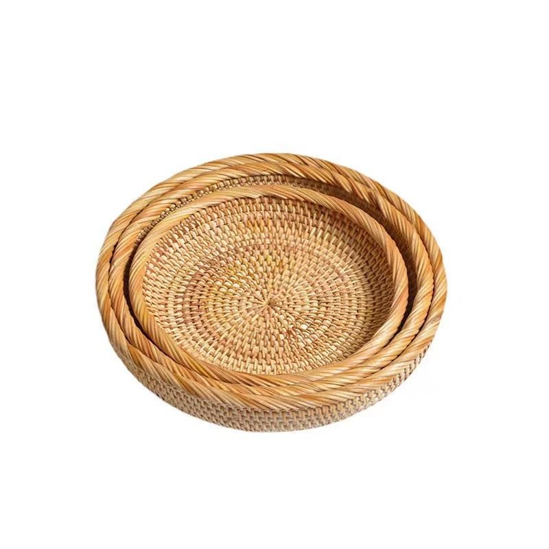 Zhenghong Modell 3 Retro Kézzel Szőtt Rattan Tárolókosár, Kör alakú Gyümölcs/Snack Tálca a kávézóasztalhoz