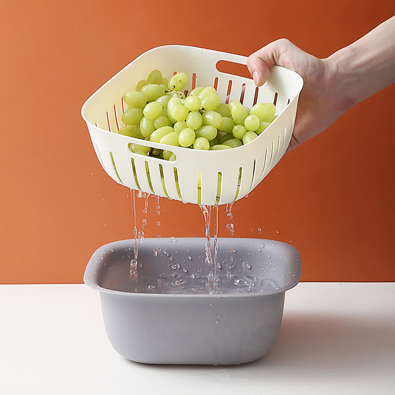 Kétszintes szárító kosár gyümölcs és zöldség számára – négyszögletes műanyag tárolókosár fedővel (Model 1091A)