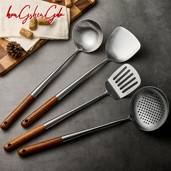 Set spatule i žlice od 316L nehrđajućeg čelika s drvenom dugom ručkom, moderni minimalistički stil