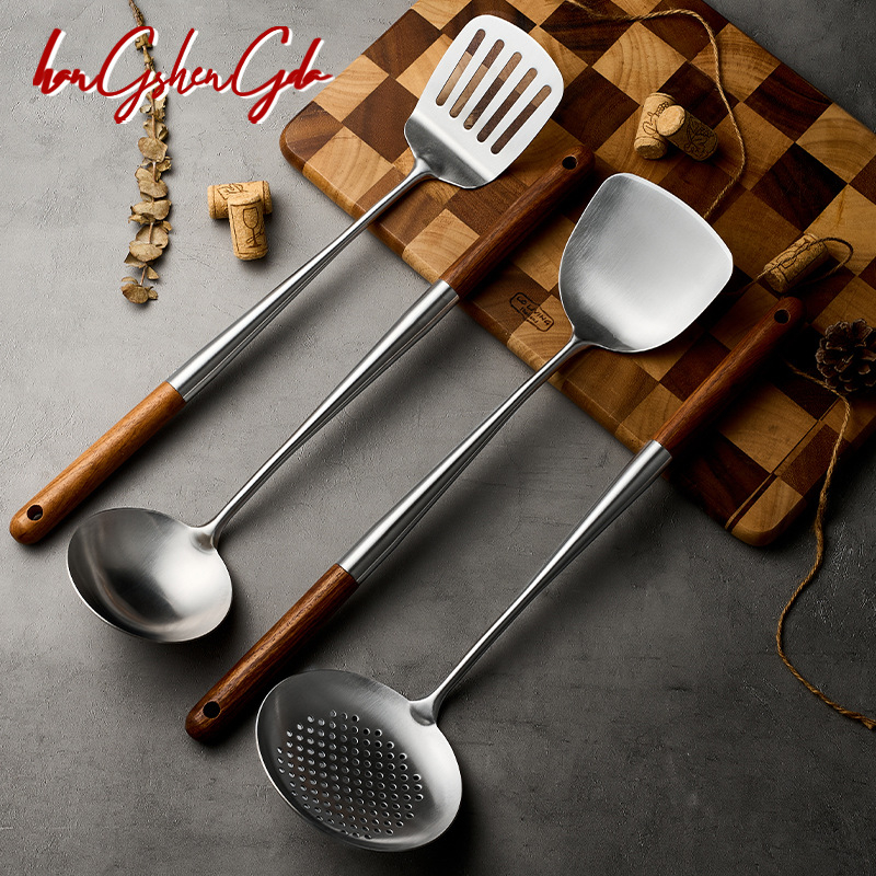 Set spatule i žlice od 316L nehrđajućeg čelika s drvenom dugom ručkom, moderni minimalistički stil