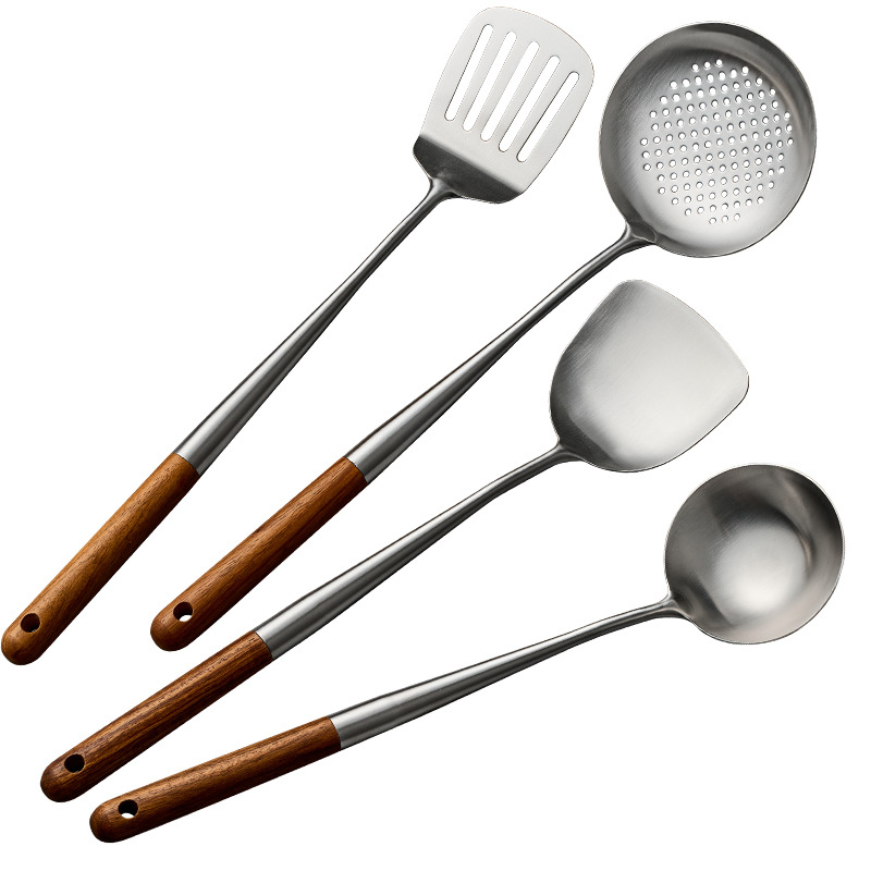 Set spatule i žlice od 316L nehrđajućeg čelika s drvenom dugom ručkom, moderni minimalistički stil