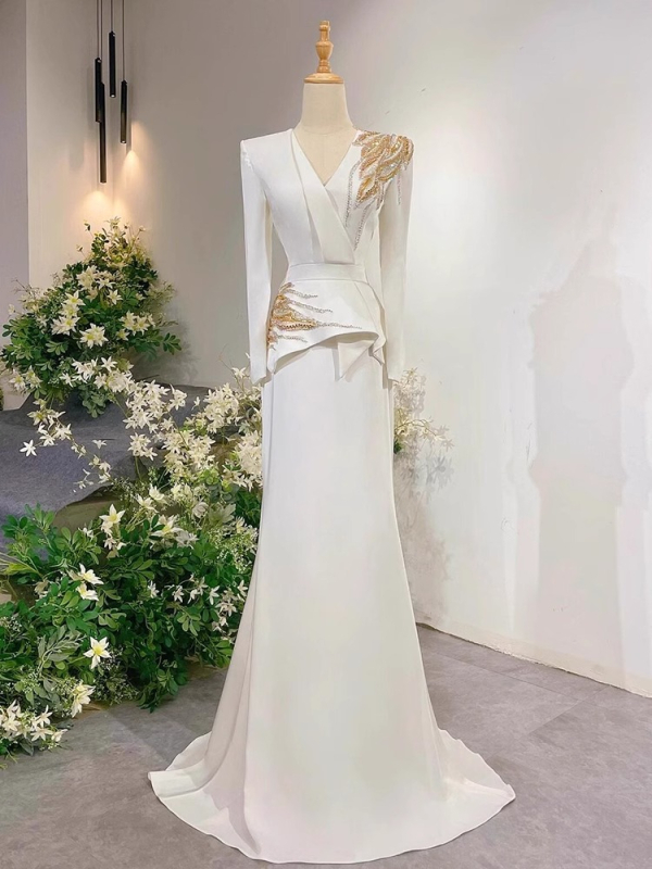 Rochie de seară pentru gazdă și reprezentații, mâneci lungi, fustă lungă, talie mijlocie înaltă, material poliester, conținut principal 30–50%