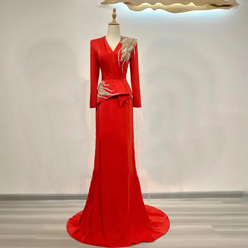 Rochie de seară pentru gazdă și reprezentații, mâneci lungi, fustă lungă, talie mijlocie înaltă, material poliester, conținut principal 30–50%