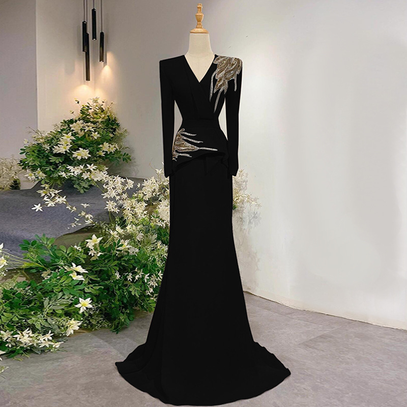 Rochie de seară pentru gazdă și reprezentații, mâneci lungi, fustă lungă, talie mijlocie înaltă, material poliester, conținut principal 30–50%