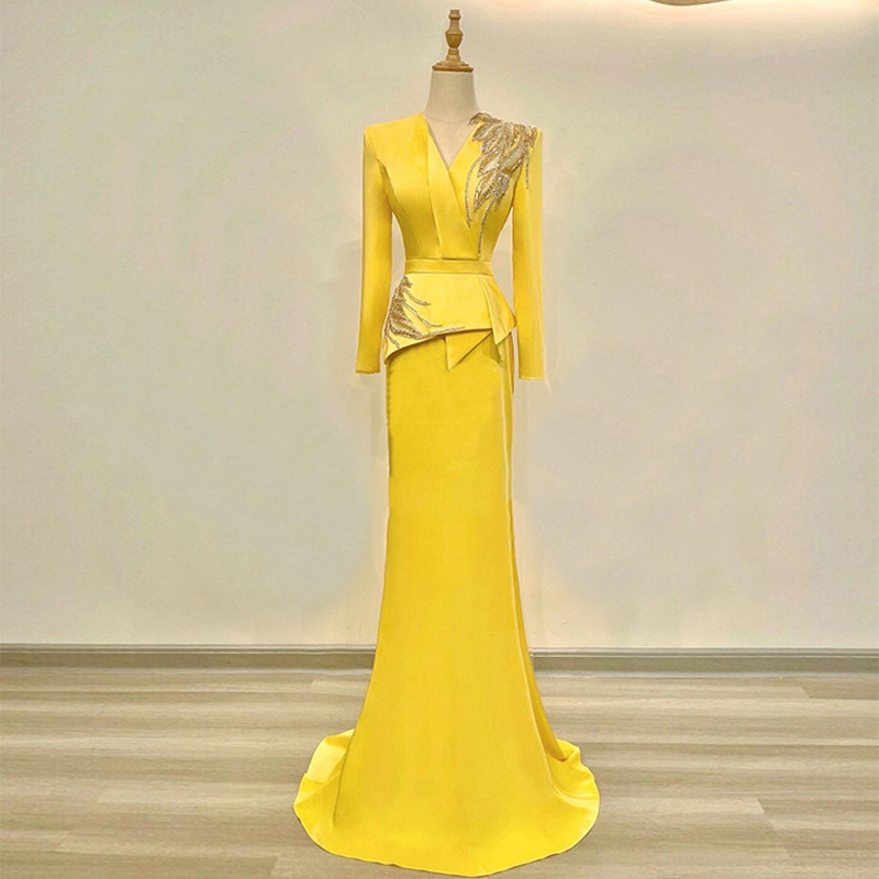 Rochie de seară pentru gazdă și reprezentații, mâneci lungi, fustă lungă, talie mijlocie înaltă, material poliester, conținut principal 30–50%