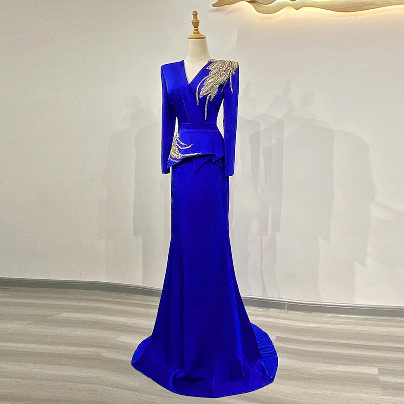 Rochie de seară pentru gazdă și reprezentații, mâneci lungi, fustă lungă, talie mijlocie înaltă, material poliester, conținut principal 30–50%