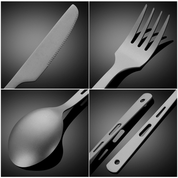 Комплект прибори от чист титаний: лъжичка, вилица и нож с три дупки, прав дръжка, модерен минималистичен стил, подходящ за носене навън