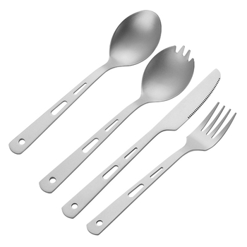 Комплект прибори от чист титаний: лъжичка, вилица и нож с три дупки, прав дръжка, модерен минималистичен стил, подходящ за носене навън