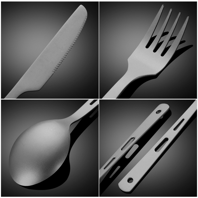 Комплект прибори от чист титаний: лъжичка, вилица и нож с три дупки, прав дръжка, модерен минималистичен стил, подходящ за носене навън