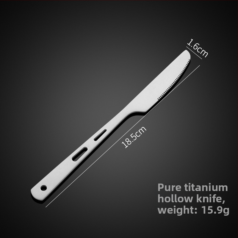 Комплект прибори от чист титаний: лъжичка, вилица и нож с три дупки, прав дръжка, модерен минималистичен стил, подходящ за носене навън