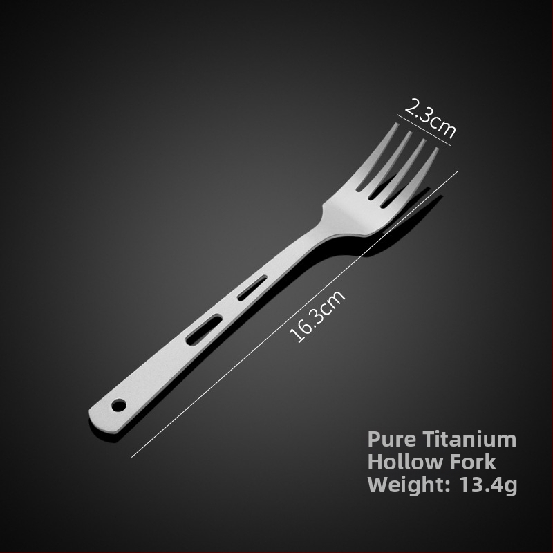 Комплект прибори от чист титаний: лъжичка, вилица и нож с три дупки, прав дръжка, модерен минималистичен стил, подходящ за носене навън