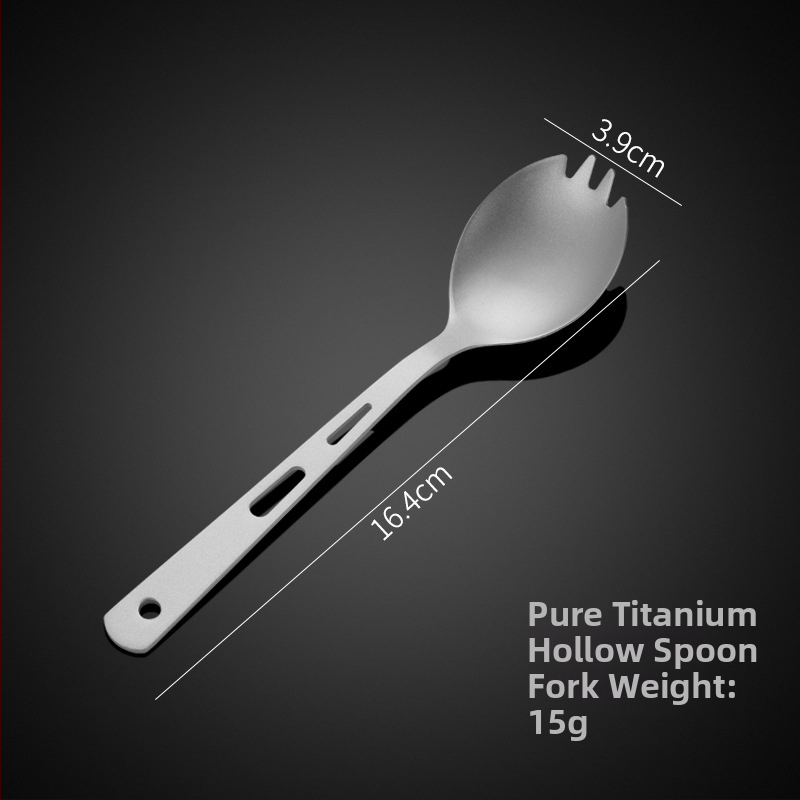 Комплект прибори от чист титаний: лъжичка, вилица и нож с три дупки, прав дръжка, модерен минималистичен стил, подходящ за носене навън