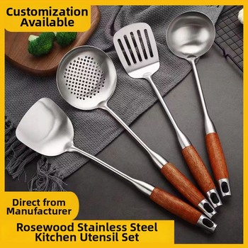 Rozsdamentes acél kanál- és spatulakészlet rózsafa nyéllel, csúszásmentes, hőálló