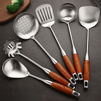 Rozsdamentes acél kanál- és spatulakészlet rózsafa nyéllel, csúszásmentes, hőálló