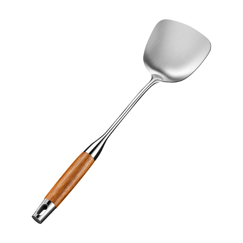 Rozsdamentes acél kanál- és spatulakészlet rózsafa nyéllel, csúszásmentes, hőálló