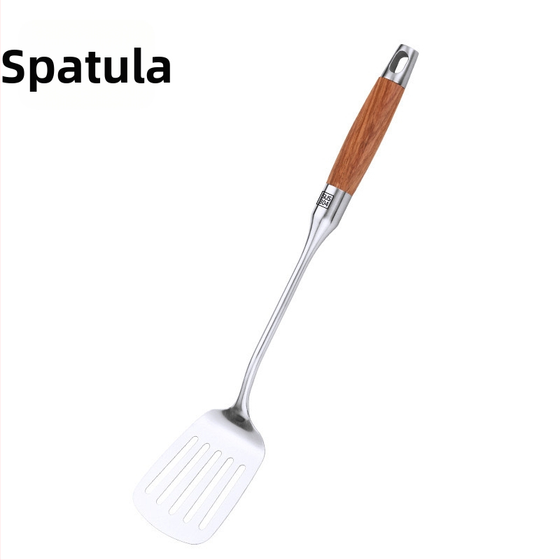 Rozsdamentes acél kanál- és spatulakészlet rózsafa nyéllel, csúszásmentes, hőálló