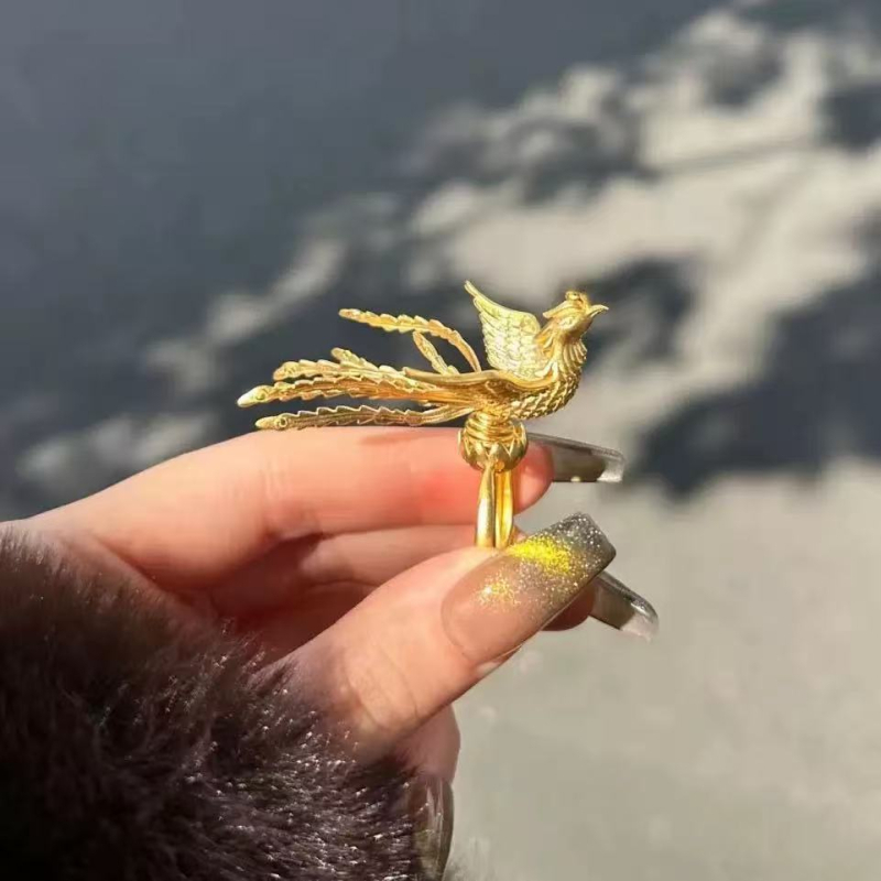 Réz gyűrű Phoenix motívummal, esküvői, állítható, geometriai stílus, galvanikus bevonat