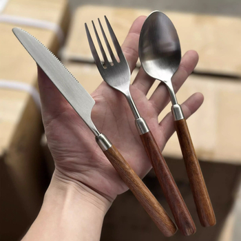 Комплект ножове и вилици от неръждаема стомана с дървена дръжка и имитация на орех, ръчна изработка, модерен минималистичен стил