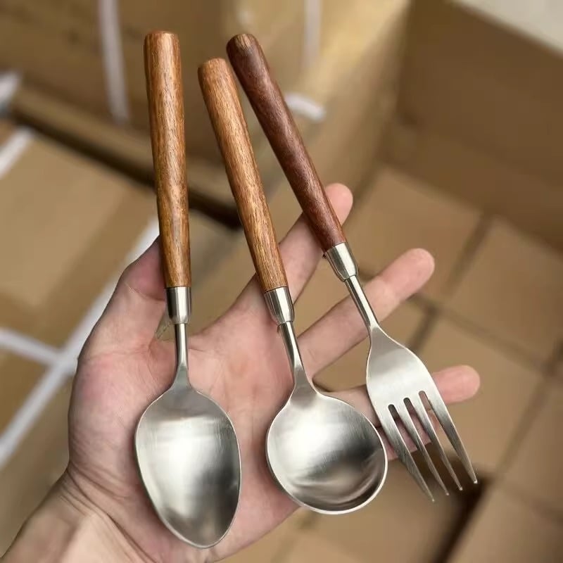 Комплект ножове и вилици от неръждаема стомана с дървена дръжка и имитация на орех, ръчна изработка, модерен минималистичен стил