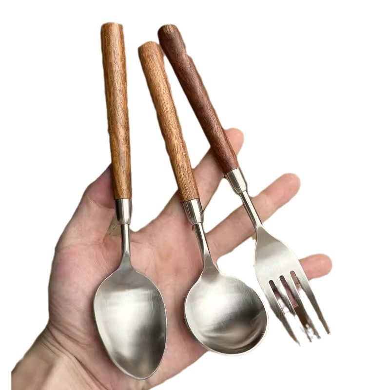 Комплект ножове и вилици от неръждаема стомана с дървена дръжка и имитация на орех, ръчна изработка, модерен минималистичен стил