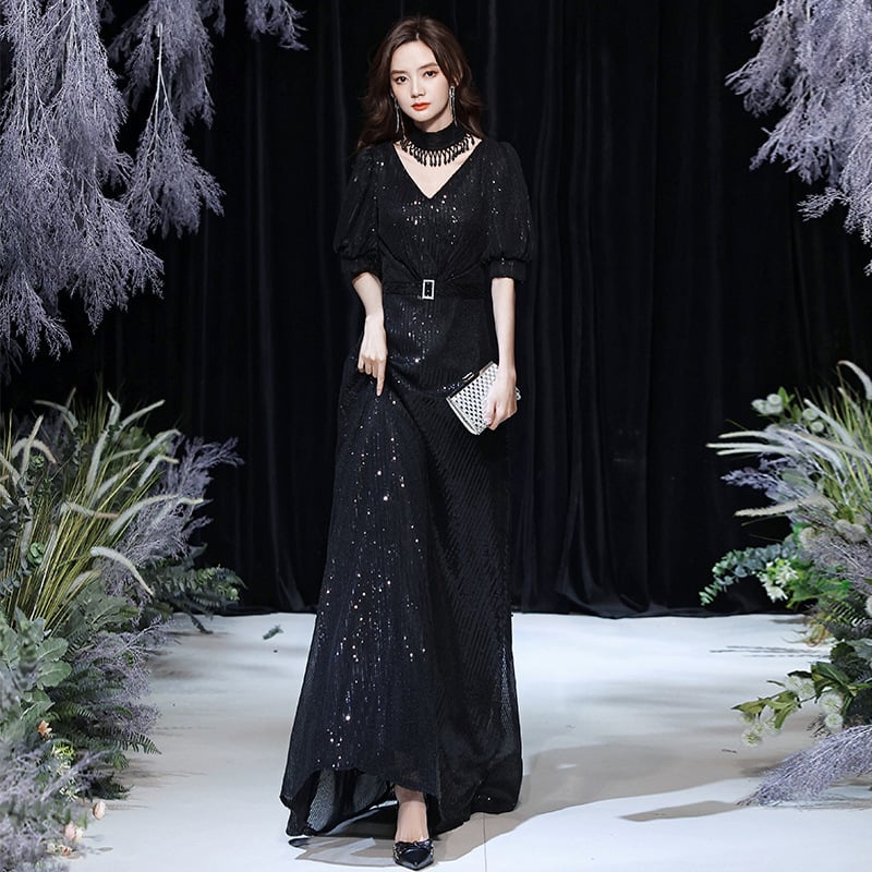 Вечерна рокля за балове, принцески силует, висока талия, дълга пола, 3/4 ръкав, полиестер плат