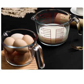 Fogantyús mérőpohár, boroszilikát üveg, graduált skálázás, vastagított, hőálló otthoni konyhához