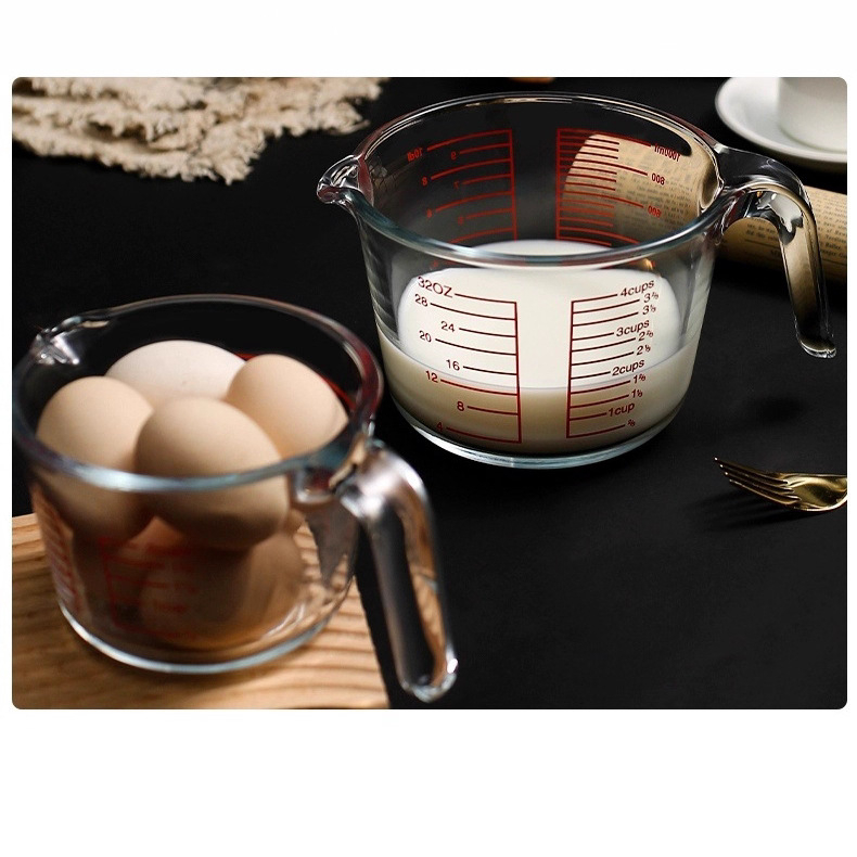 Fogantyús mérőpohár, boroszilikát üveg, graduált skálázás, vastagított, hőálló otthoni konyhához