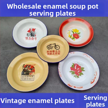 Emalinė apvali užkandžių lėkštė su gėlių raštu, nacionalinio potvynio vėjo stilius, mikrobangų krosnelė netinkama