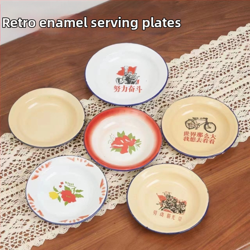 Emalinė apvali užkandžių lėkštė su gėlių raštu, nacionalinio potvynio vėjo stilius, mikrobangų krosnelė netinkama