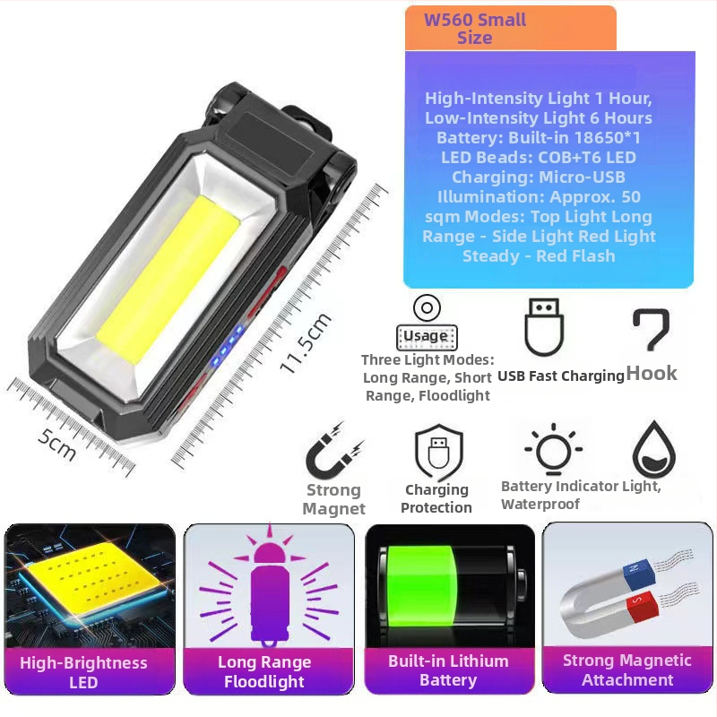 COB radna svjetiljka USB punjiva, magnetna kuka, 1800mAh baterija, 50W, ručni pogon