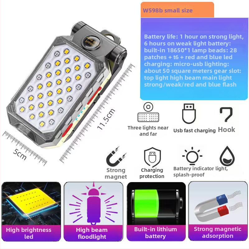 COB radna svjetiljka USB punjiva, magnetna kuka, 1800mAh baterija, 50W, ručni pogon