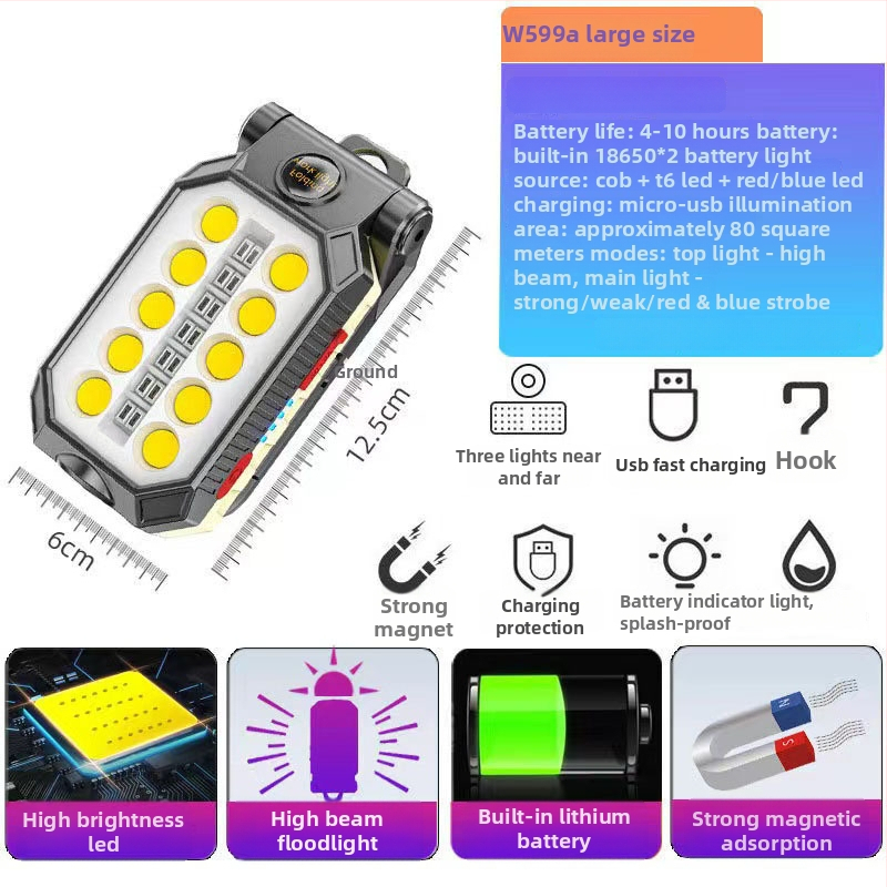 COB radna svjetiljka USB punjiva, magnetna kuka, 1800mAh baterija, 50W, ručni pogon