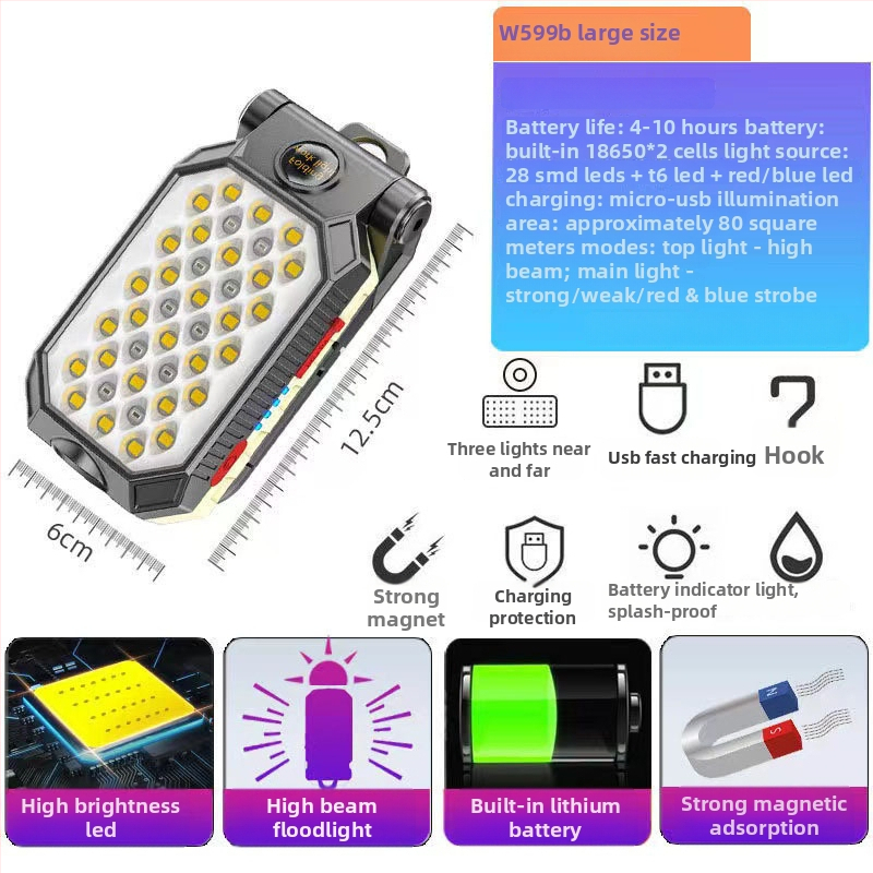 COB radna svjetiljka USB punjiva, magnetna kuka, 1800mAh baterija, 50W, ručni pogon