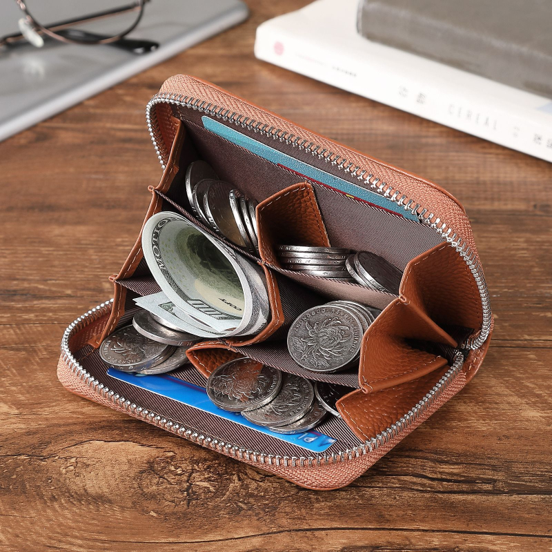 Дамски монетник от естествена кожа с RFID отделение, мултиразделен дизайн и голям капацитет