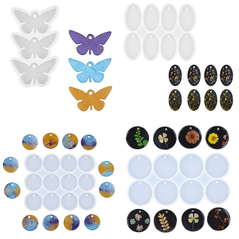 Formă din silicon pentru pandantiv — formă fluture, neregulată, cerc/oval cu orificiu pentru agățare, pentru bijuterii din rășină