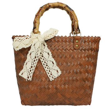 Ženska PVC-prepletena tote torba, stil slame s bambusom inspiriranim detaljima, retro dizajn, torba za plažu