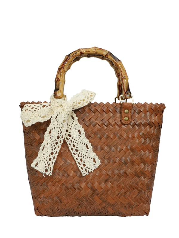 Ženska PVC-prepletena tote torba, stil slame s bambusom inspiriranim detaljima, retro dizajn, torba za plažu